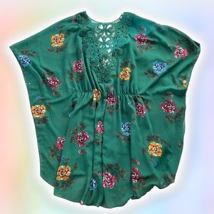 Green Floral Kimono Small Lace Crochet Swim Cover Up Beach Pool